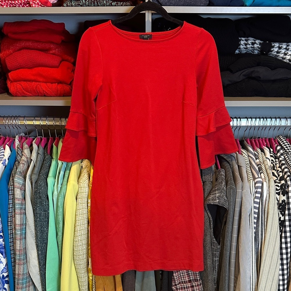 Ann Taylor Factory red 3/4 flutter sleeve scoop neck dress size XSP